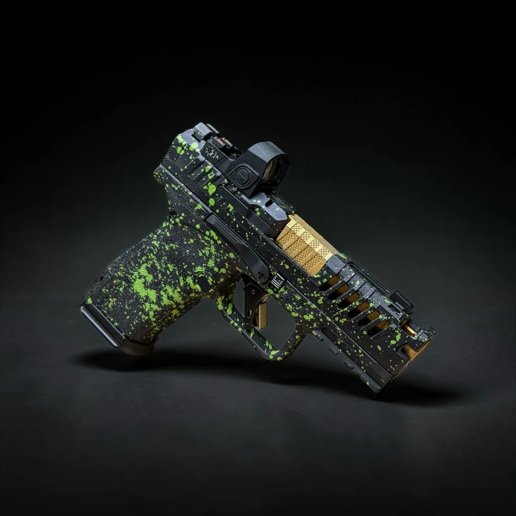 Green splatter-finished custom pistol with optic