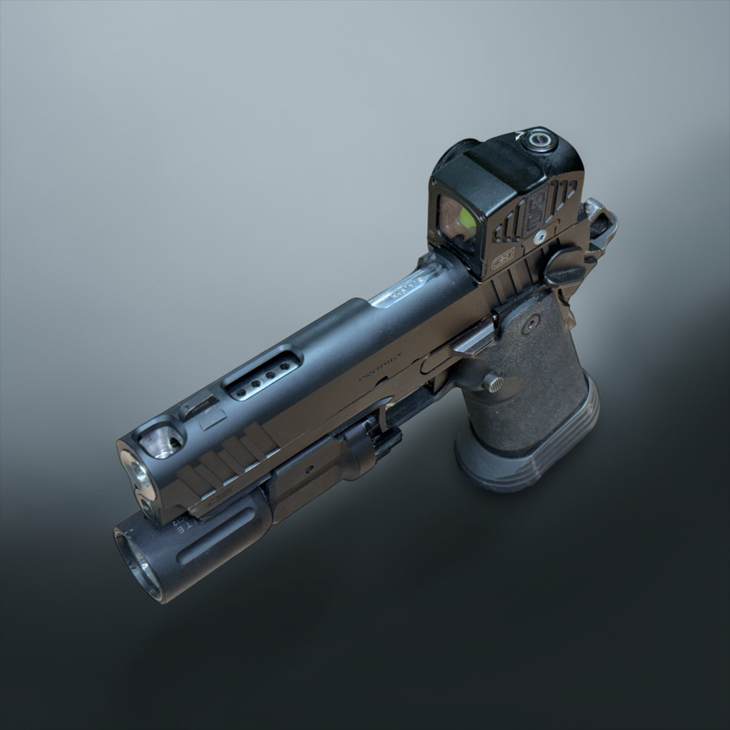 Grey custom pistol photographed in a dark studio