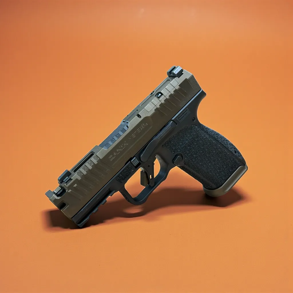 Dark pistol photographed against an orange backdrop